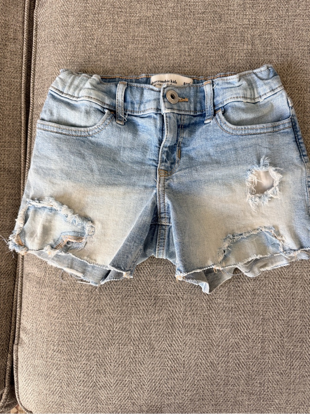 abercrombie kids light blue distressed denim shorts